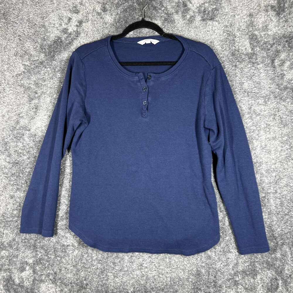 The Company Store Pajama Top Womens L Blue Henley Long Sleeve Button Jersey